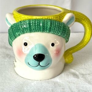 St. Nicholas Square Hand Painted Cute Polar Bear Mug Green Knit Hat EUC